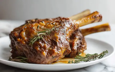 Trois souris d'agneau braisées, nappées d'une sauce dorée et garnies de romarin frais, sur une assiette blanche.