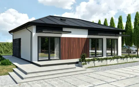 Nowoczesny dom modułowy z dużymi oknami i drewnianą elewacją.
