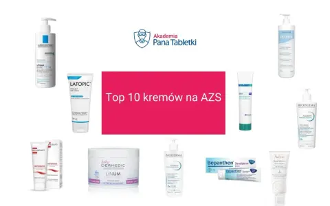 Krem do skóry atopowej: kolekcja produktów, w tym La Roche-Posay, Latopic, Bioderma, Emolium, Dexeryl, Bepanthen i Avène.