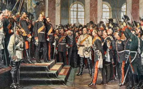 Männer in Uniformen versammeln sich, einige mit erhobenen Hüten, ein Moment der gesellschaftlichen Bedeutung im Kaiserreich.