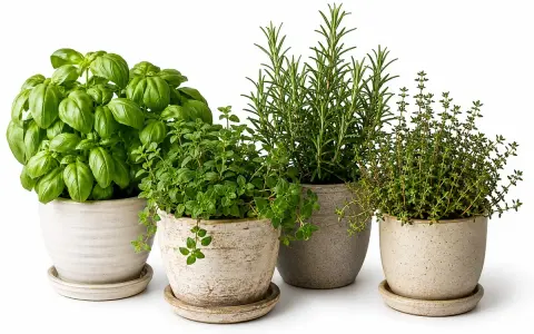 Aromatic zioła w kuchni: bazylia, tymianek, rozmaryn i oregano w ozdobnych doniczkach.