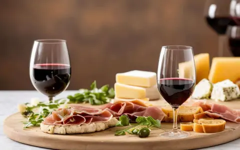 Perfekte Snacks zum Rotwein: Käse, Schinken und Brot auf einem Holzbrett, dazu zwei Gläser Rotwein.