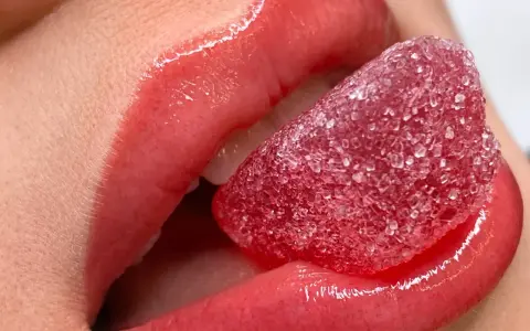Labbra carnose e lucide, con un effetto volume dato da un tatuaggio labbra, assaporano una caramella rossa zuccherina.