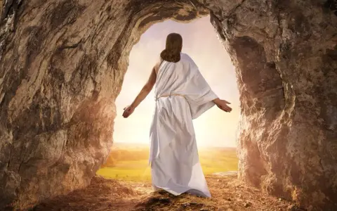 Jesus, who did Jesus raise from the dead? He rose himself, emerging from a cave into the light, a symbol of resurrection and hope.