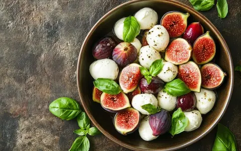 Un tazón lleno de bolitas de mozzarella fresca, higos cortados y hojas de albahaca, perfecto para ensaladas saludables.