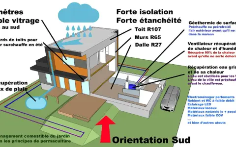 Schéma illustrant les principes pour construire une maison passive : isolation, récupération d'eau, triple vitrage, géothermie, ventilation.