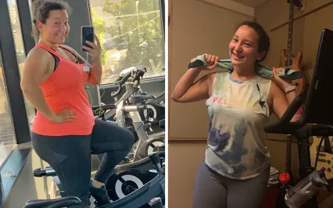 Before and after photos of a woman on an indoor cycling bike. She asks, "Will indoor cycling help me lose weight?