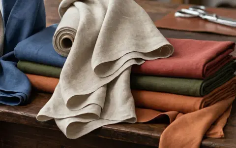 En hög med tygrullar i olika färger, alla av lin material. En rulle med fiskbensmönster, en blå, en beige, en röd, en grön och en orange.