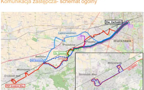 Schemat komunikacji zastępczej, w tym 717 rozkład jazdy, pokazuje trasy autobusów i pociągów między Grodziskiem Maz., Milanówkiem, Pruszkowem, Piastowem, Brwinowem a Warszawą.