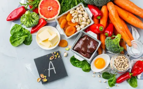 Assiette de foie, carottes, épinards, œufs, abricots secs, pistaches, poivrons rouges, brocolis, haricots blancs et beurre : des aliments riches en vitamine A.