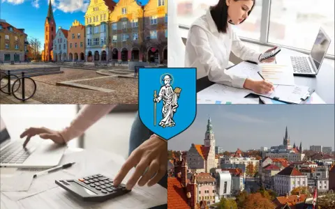 Kolaż: Rynek w Olsztynie, kobieta z kalkulatorem i laptopem, herb Olsztyna, panorama miasta.