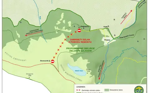 Mapa Karkonoszy z zaznaczonymi szlakami. Zamknięty odcinek szlaku z powodu remontu, proponowane obejście zielonym szlakiem.