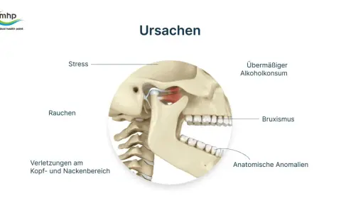 Das Bild zeigt Ursachen für Kiefergelenksprobleme, darunter Stress, übermäßigen Alkoholkonsum, Bruxismus, Verletzungen und Rauchen, das zu Verspannungen führen kann.