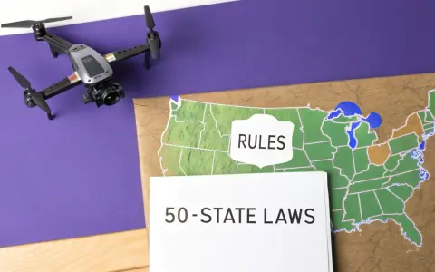 A drone sits near a map of the US with "RULES" and "50-STATE LAWS" labels, hinting at the complexity of Utah drone laws and regulations across the country.