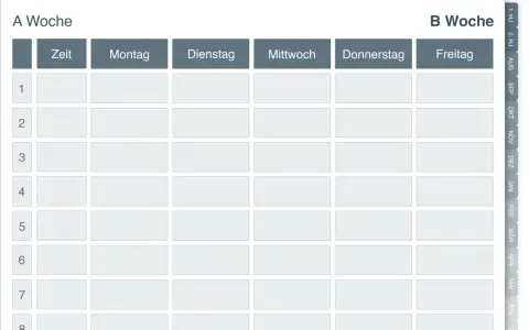 Ein leerer Stundenplan für die "A Woche" mit Feldern für Zeit, Montag bis Freitag und 8 Zeitstunden. Ideal als schuljahreskalender zum ausdrucken.