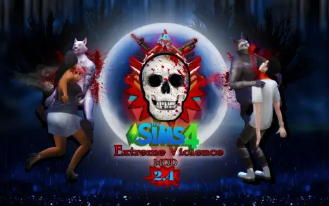 Grafika z gry The Sims 4 z motywem przemocy, czaszką i wilkołakami.