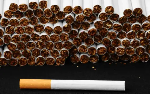 Una hilera de cigarrillos apilados, con uno solo al frente. El tabaco es malo, y la nicotina es adictiva.