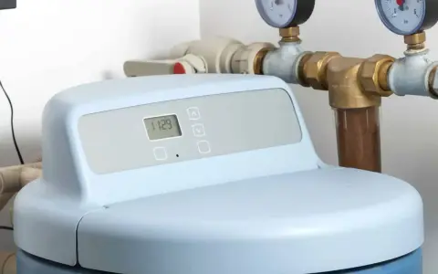 Adoucisseur d'eau moderne avec écran digital affichant l'heure. Les tuyaux et manomètres suggèrent une installation de rupture de charge adoucisseur.
