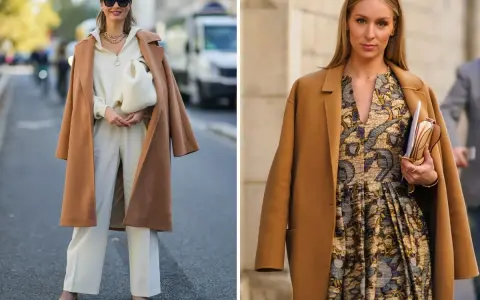 Dwie kobiety prezentują stylowe płaszcze camel. Jedna w białym komplecie, druga w wzorzystej sukience. Płaszcz camel stylizacje na co dzień i od święta.