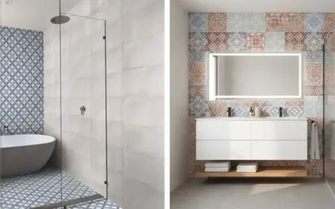 Salle de bain moderne avec baignoire et douche, murs ornés de **carrelage collé** aux motifs géométriques bleus et de carreaux décoratifs colorés.