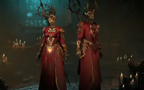 Dwie postacie w strojach inspirowanych diablo 2 czarodziejka build, z rogami i ozdobnymi szatami, stoją w mrocznym, świecznikowym wnętrzu.