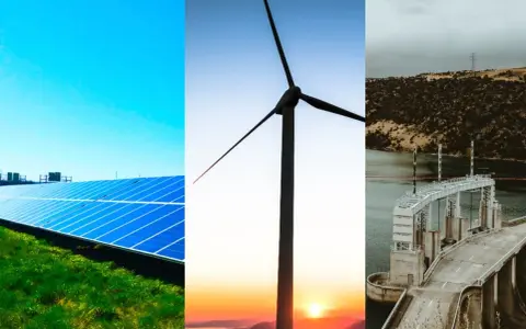 Solceller, vindkraftverk och ett vattenkraftverk visar hur vi kan kombinera solceller och vindkraft för en hållbar framtid.