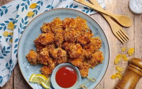 Piatto di croccanti bocconcini di pollo impanati con fiocchi di mais, serviti con ketchup e spicchi di limone.