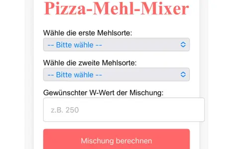 Pizza-Mehl-Mixer: Wähle zwei Mehlsorten und gib den gewünschten W-Wert der Mischung ein, z.B. 250.