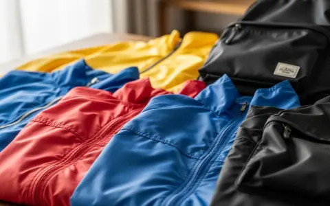 Kolorowe kurtki i plecak. Lekki, wodoodporny nylon jaki to materiał, idealny na podróż.