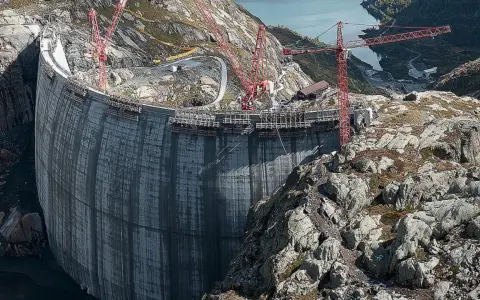 Bau einer gewaltigen Staumauer, die an Pumpspeicherkraftwerke in Deutschland erinnert. Kräne ragen in den Himmel, während die Betonkonstruktion wächst.
