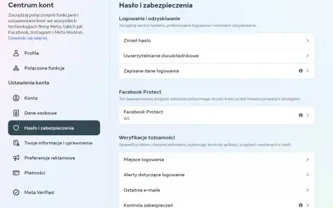 Ustawienia konta Meta: Hasło i zabezpieczenia, uwierzytelnianie dwuskładnikowe, Facebook Protect i inne metody uwierzytelniania.