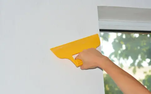 Ręka z żółtą szpachlą wygładza tapetę przy oknie. Dowiedz się, jak kłaść tapetę od okna czy do okna, by efekt był idealny.
