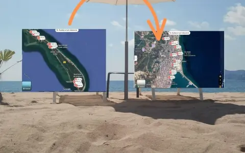 Dwie mapy Google z zaznaczonymi cenami noclegów nad morzem, pod parasolem plażowym.