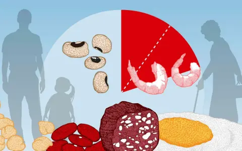 Olika livsmedel som bönor, räkor, kött och ägg illustrerar det rekommenderade proteinintaget för olika åldrar, från barn till äldre.