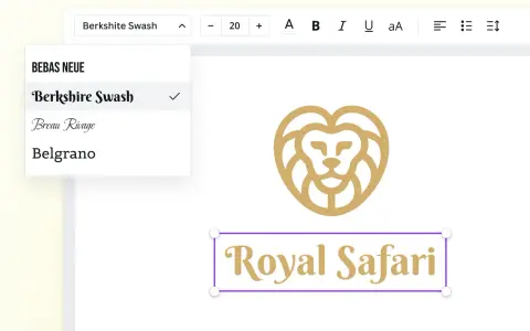 Edytor tekstu z opcją dodawania znaku wodnego do wielu zdjęć. Wybór czcionki "Berkshire Swash" dla tekstu "Royal Safari".