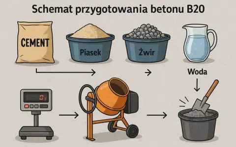 Schemat przygotowania betonu B20: cement, piasek, żwir i woda są ważone i mieszane w betoniarce.