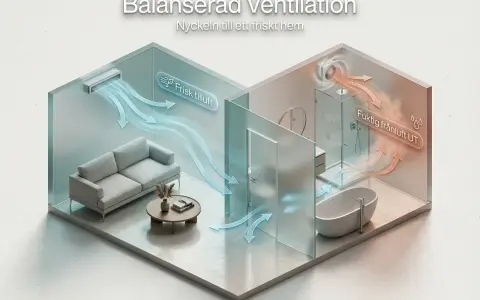Balanserad ventilation i hemmet: Frisk luft till vardagsrummet och fuktig frånluft ut från badrummet.