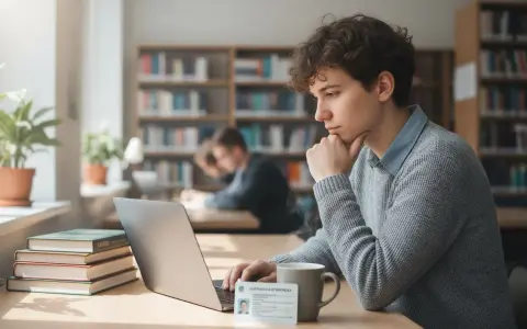 Młody student z legitymacją studencką, korzystający z laptopa w bibliotece. Nawet po 26 roku życia, zniżka studencka PKP może być pomocna.
