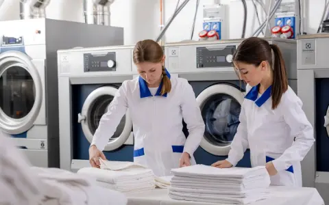 Pracownice hotelowej pralni składają czyste ręczniki. W tle widać profesjonalne pralki i suszarki.