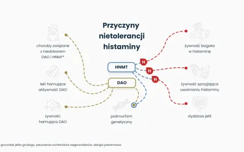 Schemat wyjaśnia, co to jest histamina i jej nietolerancja, wskazując na przyczyny: niedobór DAO/HNMT, leki, polimorfizm genetyczny, żywność bogatą w histaminę, uwalniającą histaminę, oraz dysbiozę jelit.