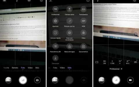Ajustes de cámara en un teléfono: modos Pro, lenta, panorámica, HDR, apertura, filtros y más.