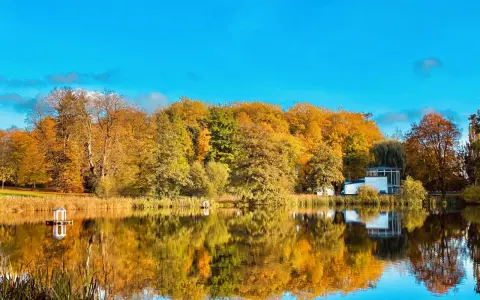 Herbstliche Farben im Schlosspark Putbus spiegeln sich im ruhigen Wasser. Ein kleiner Pavillon und ein modernes Gebäude säumen das Ufer.