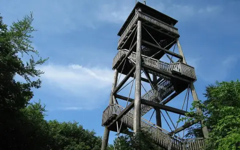 Holzturm mit vielen Stufen und Aussichtsplattformen, der Luisenturm in Borgholzhausen ragt in den blauen Himmel.