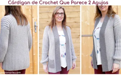 Chaqueta de crochet gris con bolsillos, fácil de hacer. Un diseño que parece tejido a dos agujas.
