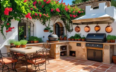 Ampliar cocina con terraza, ideal para disfrutar de barbacoas bajo buganvillas en flor. Mesa y sillas de forja, parrilla y campana extractora.