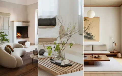 Tre olika rum som visar japansk inredningsstil: ett med öppen spis och mjuk soffa, ett med blommor i vas och en fåtölj, samt ett med tatamimatta och lågt soffbord.
