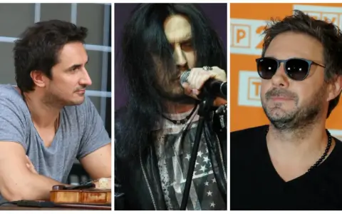Trzech znanych polskich piosenkarzy: muzyk z gitarą, rockman z długimi włosami i wokalista w okularach.