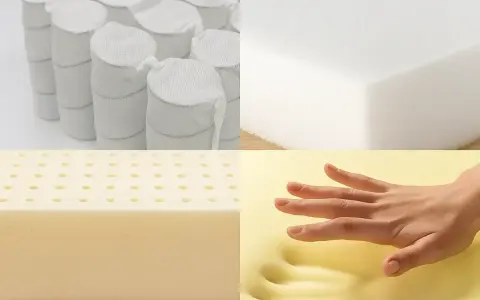 Comparaison de différents types de matelas : ressorts ensachés, mousse blanche, latex perforé et mousse à mémoire de forme réagissant à la pression d'une main.