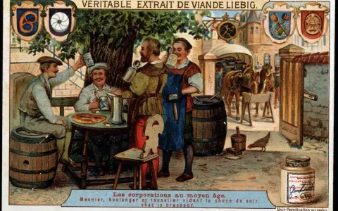 Handwerker im Mittelalter, was ist eine Zunft? Ein Brauer, Bäcker und Fassmacher trinken abends Bier.