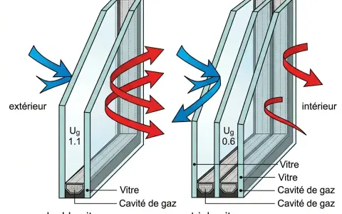 Comparaison double et triple vitrage : l'épaisseur des cavités de gaz réduit la déperdition thermique.